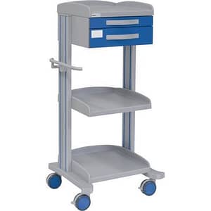 Carro hospitalario multifuncional con 1 cajón superior, mesa escritorio extrapole y 2 bandejas inferiores
